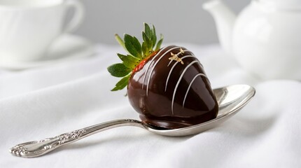 Fototapeta premium Chocolate covered strawberry on vintage silver spoon. Gourmet dark chocolate dessert with white chocolate drizzle and edible gold leaf. Elegant food photography for holiday dinner