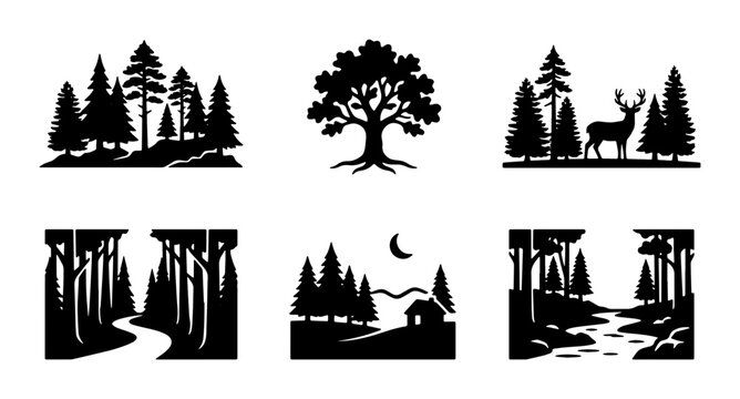 Forest Landscape Silhouettes, 6 Vector Icons: Woodland Scenes, Deer, Tree, River, Cabin, Nature Elements