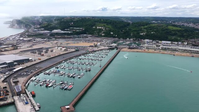 Dover Marina with Docked Boats Aerial 4K