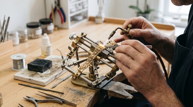 Artisan crafting handmade jewelry using intricate tools and techniques at a workbench. concept of jewelry making, craftsmanship, fine metalwork, luxury design process