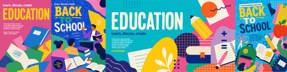 Back to school. Education and knowledge. Vector abstract illustrations of books, a college lesson, a university classroom, a pencil, students, a teacher, learning for study background, poster, flyer  © Ardea-studio