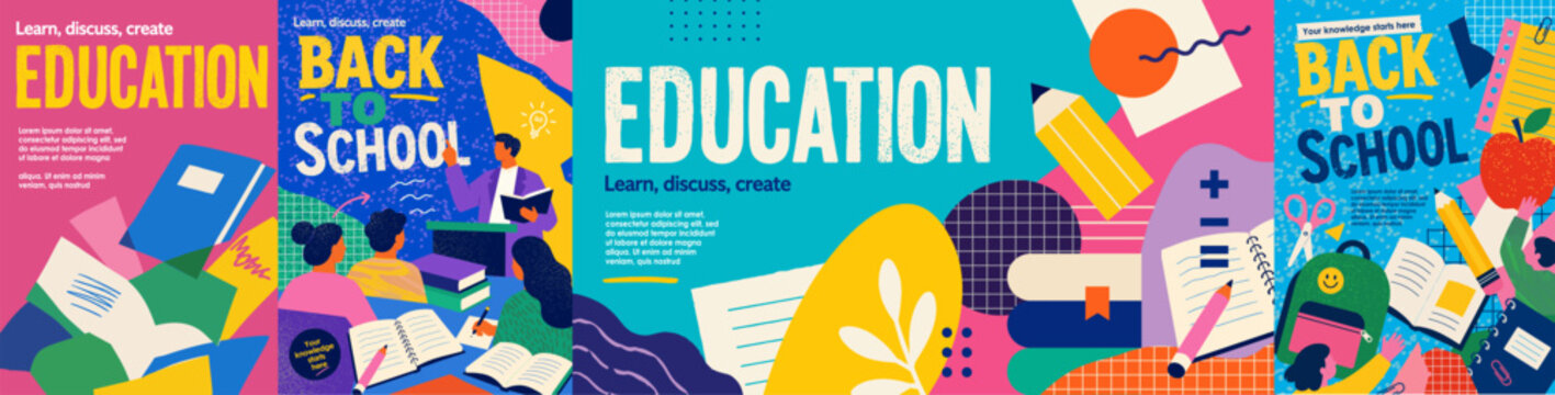 Back to school. Education and knowledge. Vector abstract illustrations of books, a college lesson, a university classroom, a pencil, students, a teacher, learning for study background, poster, flyer 