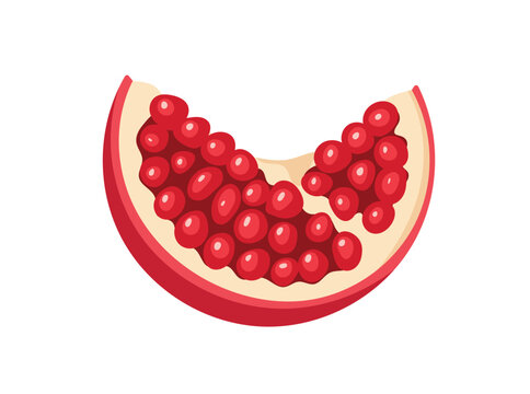 Bright red pomegranate wedge packed with glossy ruby arils, detailed flat vector illustration isolated on a white background. Fresh healthy fruit icon design.