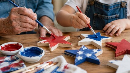 Naklejka premium Senior man and preschool child painting wooden star decorations for Independence Day. Generations crafting patriotic themed art together at home to celebrate American history and pride