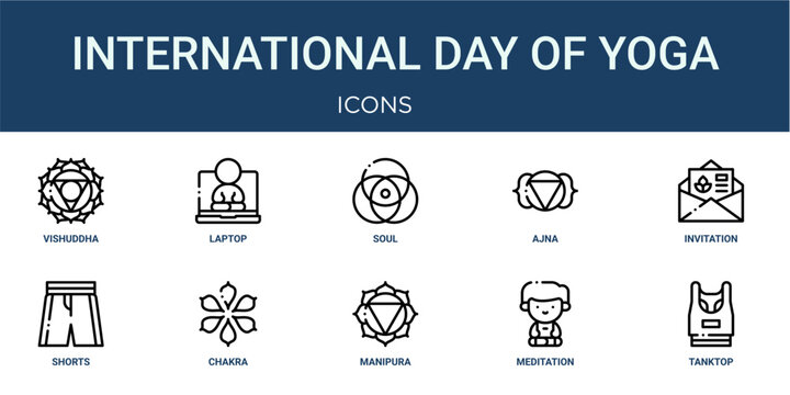 Set of 10 outline web International Day of Yoga icons such as tanktop, meditation, manipura, chakra, shorts, invitation, ajna vector icons for report, presentation, diagram, web design, mobile app