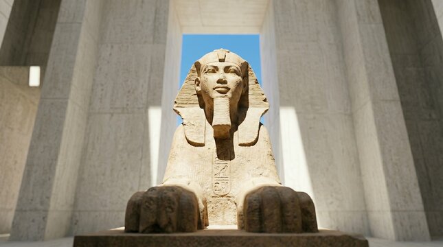 Ancient Egyptian sphinx statue with pharaoh head between monumental stone columns