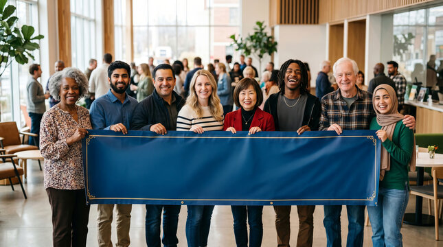 Diverse group of smiling people holding blank blue banner mockup with copy space in modern community center. Concept of diversity campaign, nonprofit event, team announcement, inclusion marketing
