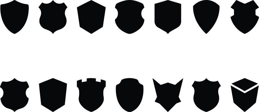 Set of various black shield icons for security and protection