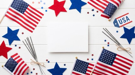 Obraz premium Blank white paper card surrounded by american flags and festive stars on wooden table surface