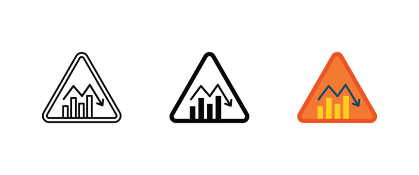 Business loss warning sign with falling chart, economic recession and stock market crash trend, financial crisis risk bankruptcy alert icon set vector illustration