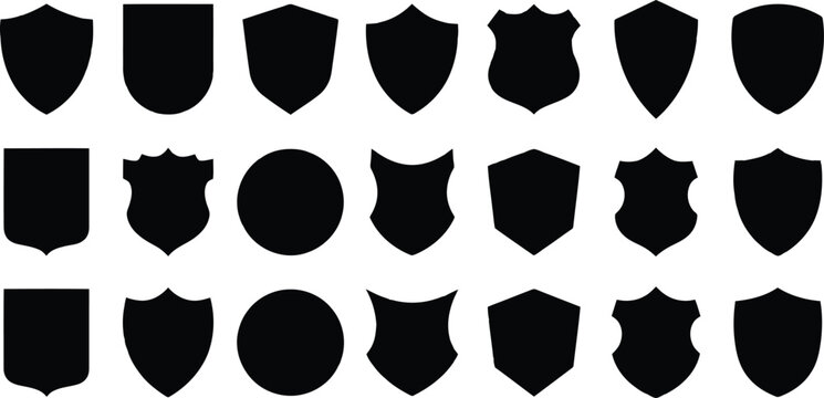 Set of black heraldic shield icons and various badge shapes