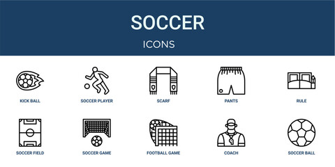 Set of 10 outline web Soccer icons such as soccer ball, coach, football game, soccer game, soccer field, rule, pants vector icons for report, presentation, diagram, web design, mobile app © XS Works