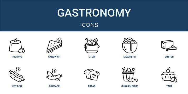 Set of 10 outline web Gastronomy icons such as tart, chicken piece, bread, sausage, hot dog, Butter, spaghetti vector icons for report, presentation, diagram, web design, mobile app