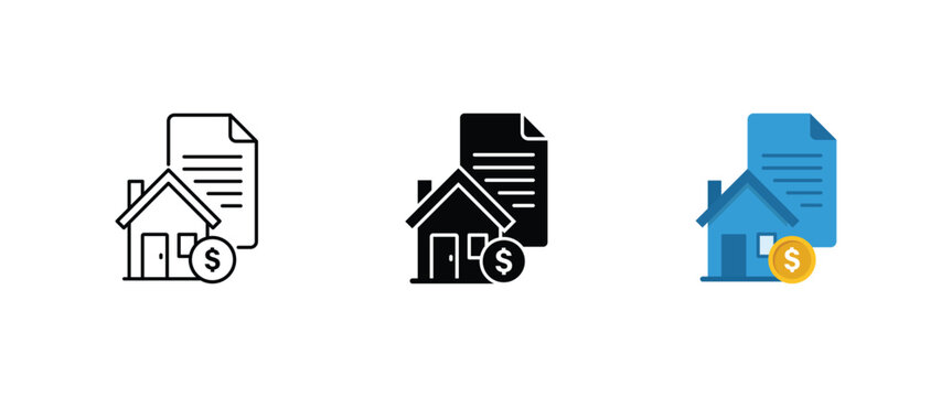 House rent payment with property document and dollar coin, home mortgage loan contract, real estate tax invoice statement, property investment icon set vector illustration