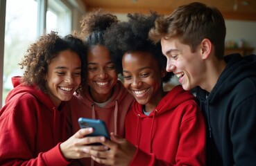 Fototapeta premium Four smiling teens watch phone together. Diverse friends laugh sharing content on mobile device. Young people enjoy social media connection, happy youth culture in casual indoor setting.