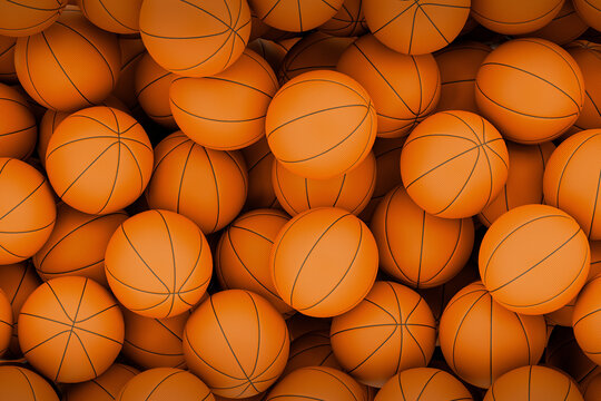 Basketball balls texture background. 3D render of many orange basketballs piled together. Sports pattern and full frame backdrop.