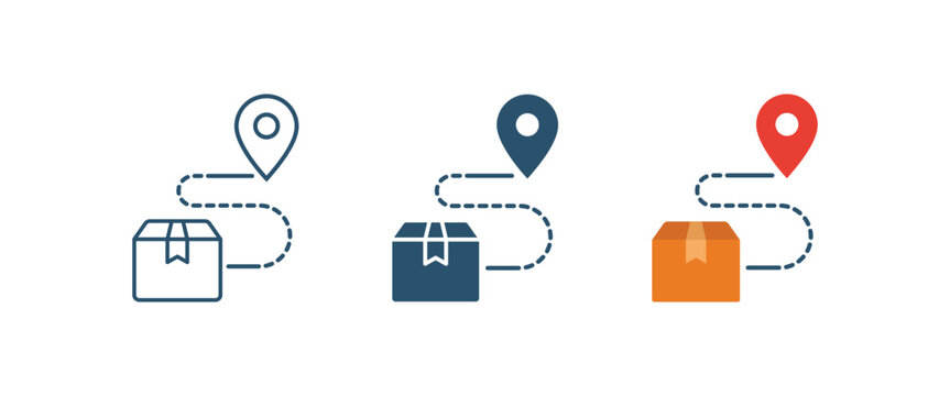 Order tracking with parcel box and location pin on route, delivery logistics status, shipping cargo destination map, courier package distribution icon set vector illustration
