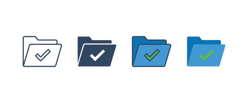 Approved folder with checkmark icon set, completed project task management, verified data storage directory, verified document organization vector illustration