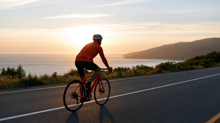 Fototapeta premium Senior man cycling on a coastal road at golden hour, active aging and summer fitness lifestyle concept, with copy space