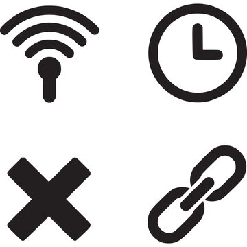 Set of 4 Unique Black and White Vector Icons: Wi-Fi, Clock, Cross, Link