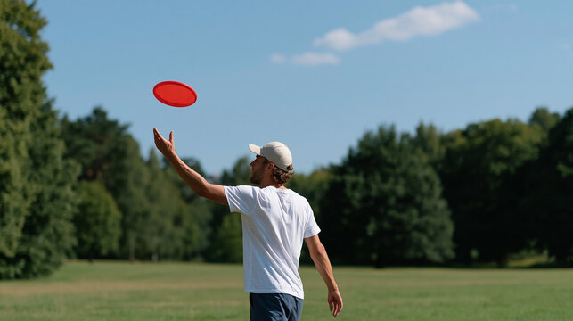Young man throwing a red frisbee in a sunny park, summer outdoor recreational activity concept, with copy space