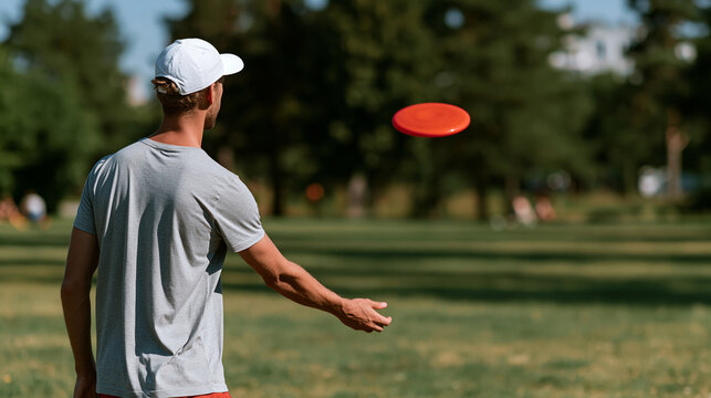 Young man throwing a red frisbee in a sunny park, summer outdoor recreational activity concept, with copy space