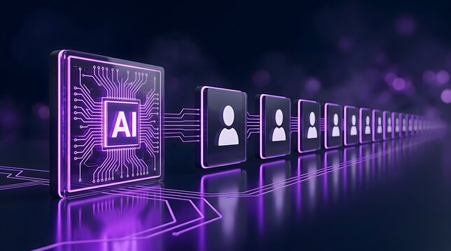 Artificial Intelligence processor chip with AI logo connecting to a line of user profile icons representing data and network connectivity
