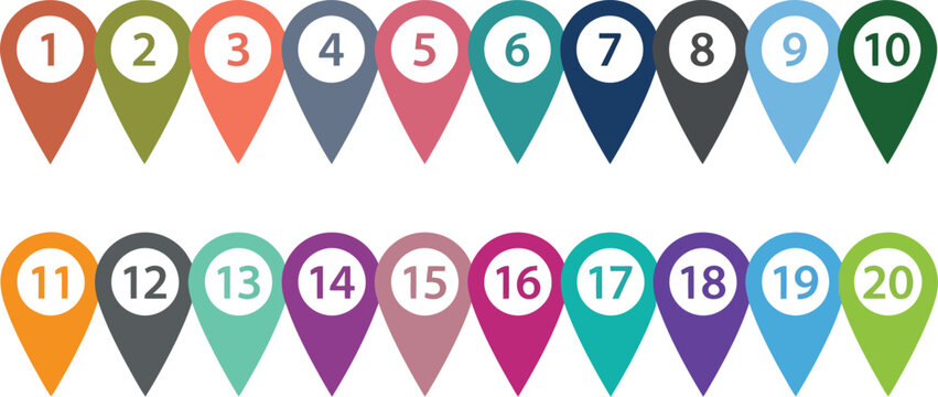 Colorful map pointer icons numbered one to twenty in rows