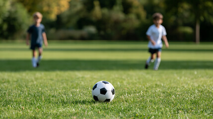 Obraz premium Kids playing football at a soccer field in summer, children's sport and outdoor activity concept, with copy space