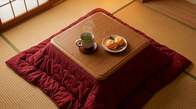 Japanese Kotatsu Table Flatlay with Green Tea Mandarin Orange and Red Futon Winter Comfort