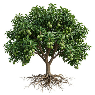 White Sapote Tree Ultra realistic full white sapote tree bearing green white sapotes, detailed leaves, isolated on white background