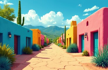 Obraz premium Vibrant desert street with colorful houses, cacti, and green shrubs under a bright blue sky with white clouds. Mountains rise in background.