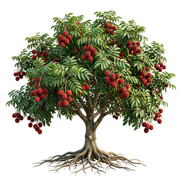 Pulasan Tree Ultra realistic full pulasan tree bearing red pulasan fruits, detailed leaves, isolated on white background.