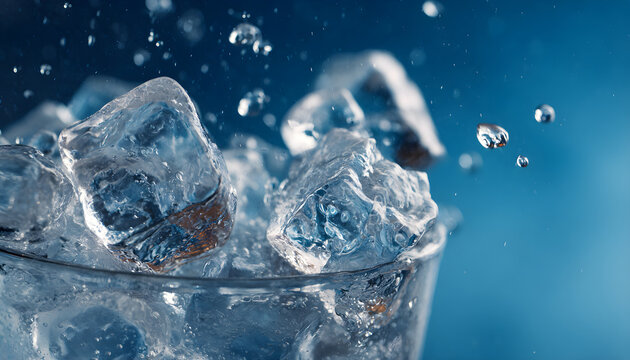 Ice cubes falling into clear glass with water, macro side view capturing collisions and shifting shapes as bubbles rapidly form and rise, crisp cooling moment, refreshing beverage concept