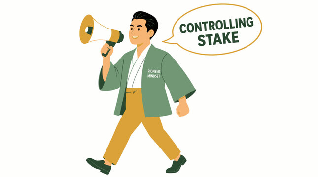 Businessman holding megaphone with controlling stake text.