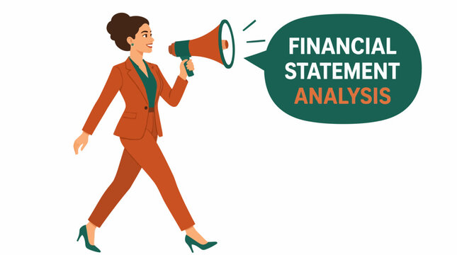 Woman in orange suit holding megaphone for financial statement analysis.