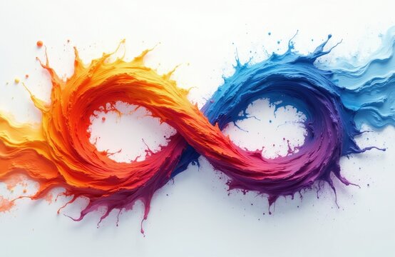 Abstract infinity symbol made of colourful paint splashes. Red orange yellow gradient meets blue purple pink gradient in endless loop. Fluid dynamics concept art.