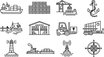 Fototapeta premium Logistics shipping and global transportation icons set in black outline