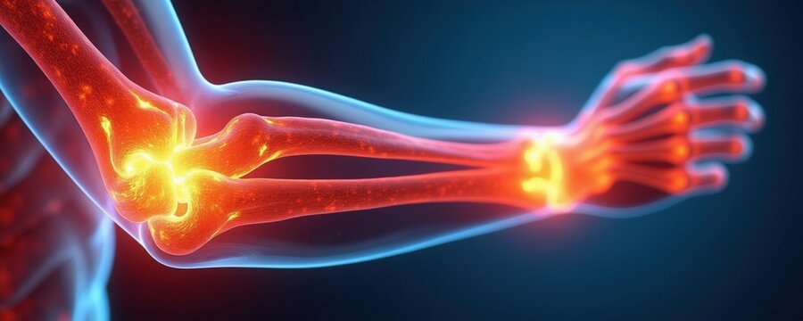 Human arm bones and joints show red inflammation and pain. Elbow and wrist areas are highlighted with bright glowing spots indicating discomfort and injury. Forearm anatomy is visible.