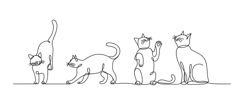 Minimalist Cat Line Art. A series of four cats depicted in simple, continuous line art, showcasing different poses and charming expressions. Clean, modern art, pet illustration, playful feline.