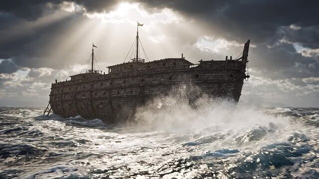 An old wooden ship sailing through rough seas with a cloudy sky Noah's Ark