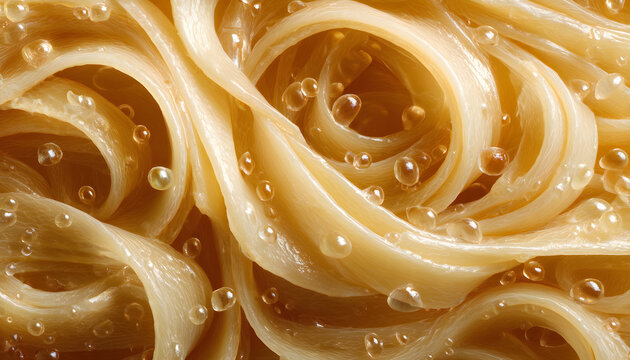 Thick pasta noodles in extreme macro coated with creamy sauce, glossy droplets sliding along the surface, rich texture and smooth curves, appetizing comfort food close-up with warm tones