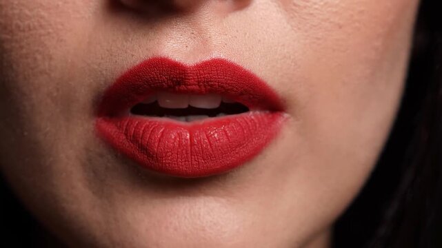 Woman with red lipstick on her lips closeup portrait