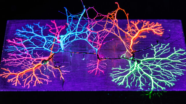 Macro HDR photography of liquid penetrant testing revealing glowing neon linear abstract capillary fracture networks