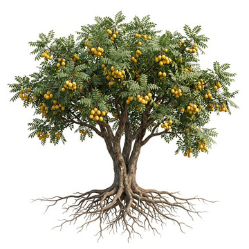Marula Tree Ultra realistic full marula tree bearing yellow marula fruits, detailed leaves, isolated on white background