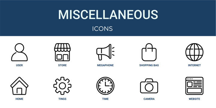 Set of 10 outline web Miscellaneous icons such as website, camera, time, tings, home, internet, shopping bag vector icons for report, presentation, diagram, web design, mobile app