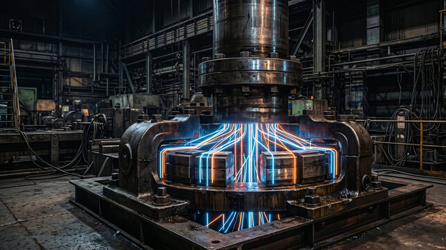 HDR photography of a heavy industrial thrust bearing emitting glowing neon abstract axial load lines