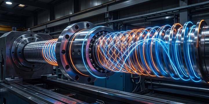 HDR photography of a heavy ball screw assembly with glowing neon abstract rolling friction spirals