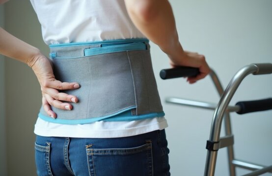 Woman uses walker with lumbar support belt. Touches lower back area indicating discomfort injury. Medical equipment aids mobility after trauma surgery. Focus on spine health, rehabilitation process,