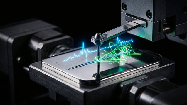 HDR photography of a micro-tribometer scratch tester emitting glowing neon abstract acoustic emission waves